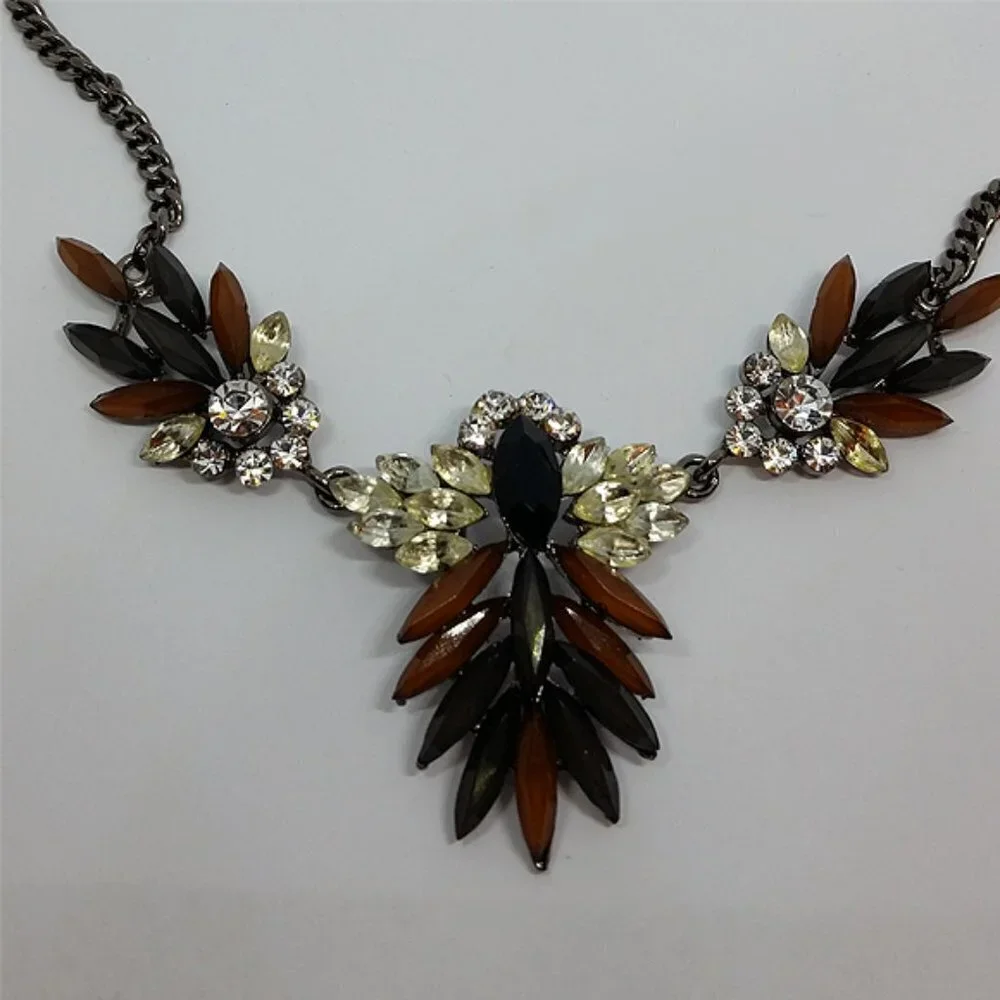 GUNMETAL chain crystal rhinestone elegant statement necklace bejeweled costume.